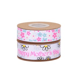 Meseey 20 Yards Mom Ribbon Happy Mother's Day Daisy Floral Grosgarin White and Pink Ribbons for Gift Wrapping, Mother' Day, Valentine's Day，Party Favors(White Mum)
