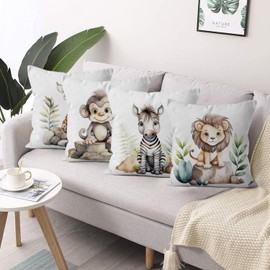 ASDCXZ Kinder Kissenbezug 40x40 cm 4er Set, Niedlich Tier Löwe Giraffe Zebra AFFE Sofa Dekokissen Kissenbezüge Kissenhülle Waschbar Polyester Flachs Textil Outdoor Kopfkissenbezug Kissen Bezug