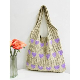 Cute Heart Pattern Crochet Summer Tote Bag for Women, Summer 2025 Large Everything Tote Bag, Large Beach Bags, Trendy High Quality Everyday Shoulder Bag for Daily, Gifts for Her:_Purple_Please Refer To The Pictures for Dimensions