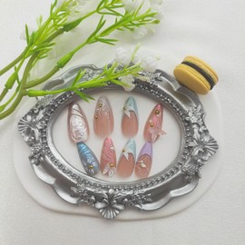 FOLONRAL French Tip Press on Nails Almond Fake Nails with 3D Butterfly Flower Pearls Charms Designs Cute Acrylic Nails Glossy Glue on Nails Summer False Nails Nude Artificial Stick on Nails for Women 24Pcs