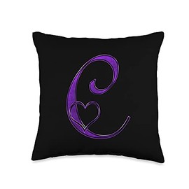 Purple Heart Letter C Love Shape Cursive Black Initial Name Throw Pillow