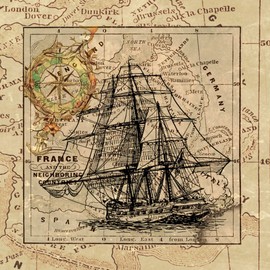 Painting Wallpaper Poster (Removable Self-stick) Antique Map Collage Sailboat Nautical Vintage Character Black WMP – 015s1 (594 mm × 594 mm) For Architectural Wallpaper + Weather Resistant Paint
