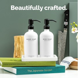 Vine Creations Glass Soap Dispenser Set, Kitchen Soap Dispenser Set with Ceramic Tray, 16 oz Dish Soap and Hand Soap Dispenser Set with Stainless Steel Pump Decor (White Bottle/Matte Black)