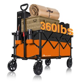 Moon Lence Collapsible Folding Wagon Cart Heavy Duty Folding Garden Portable Hand Cart with All-Terrain Beach Wheels, Adjustable Handle & Drink Holders (Orange & Ivory)