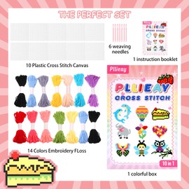 Pllieay 10-in-1 Cross Stitch Beginner Kit for Kids, Includes Instruction of 10 Different Patterns, 10 Blank Plastic Canvas for Needlework, and 14 Colored Threads, Needlepoint Starter Sewing Set
