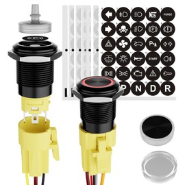 FILN - 2Pcs Latching Pushbutton Switch Black Plated Power Button Includes 185 Replacement Symbols 12V Switch 19mm Mounting Hole 5A IP65 Waterproof Switch for Cars, Boat, Easy Installation (Red)