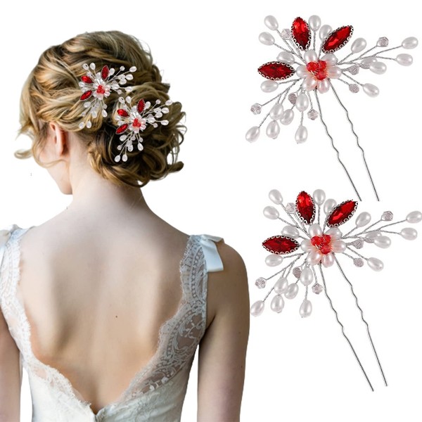 Flower Bridal Hair Pins Pearl Bridal Wedding Hair Accessories Rhinestone Hairpiece for Women and Girls (Blue) (Hairpin-2) (Red)