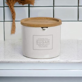 ROCKING GIFTS Round Ceramic Sugar Bowl with Bamboo Lid (8 cm) White - Elegance and Functionality for Your Kitchen