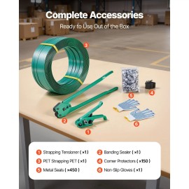 Heavy Duty Banding Sealer Tool Kit 1500 ft PET Band 450 Metal Seals 150 Corner Protectors Gloves Readymade Strapping SolutionLength of Strapping Belt: 1500 ft, Strapping Tape Type: PET
