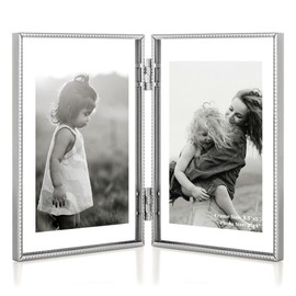 RICHFOCUS 3.5x5 Double Floating Picture Frame, Floating Display for 2x3, Hinged Folding Beaded Metal Picture Frames with Real Glass, Tabletop Photo Frame for Multiple Size, for Home Decor, Silver