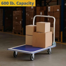 Steel Folding Platform Truck - 600 lb Capacity Cart with Foldable Handle, Non-Slip Deck & 5″ Brake Casters - Heavy-Duty Flatbed Dolly for Warehouse, Office, School - 36″ x 24″, Blue/Beige