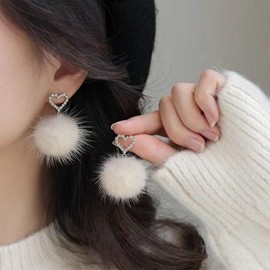 Enautoabs Winter Pom Pom Earrings White Fluffy Stud Earrings Pom Pom Ball Earrings Faux Fur Ball Earrings Fluffy Pom Dangle Earrings Jewelry for Women(CZ Heart Style)