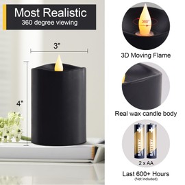 3x4 Flickering Flameless Candles Set of 2, Real Wax Electric LED Candles with Timer, 2AA Battery Operated Candles,4 inch Flameless Candles with Remote for home, holiday decoration, party,Black