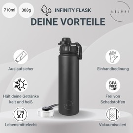 Abjoki Stainless Steel Drinking Bottle "Infinity" 710 ml - Onyx Black - Double-Walled & Vacuum Insulated - Thermal Flask - BPA-Free, Leak-Proof, Suitable for Carbonated Drinks - Plus Push Button