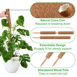 GROWNEER 24 Inch Moss Pole for Plants Indoor, 2 Pcs 15 Inch Stackable Coir Totem Monstera Support, Moss Sticks with 15pcs Labels and 78in Garden Ties, Stake for Climbing Snake Plants Indoor