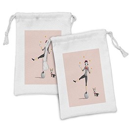 Ambesonne Cartoon Fabric Pouch Set of 2, Mime Performing Girl Pantomime Juggling with Puppy Illustration, Small Drawstring Bag for Toiletries Masks and Favors, 9" x 6", Rose Dark Grey