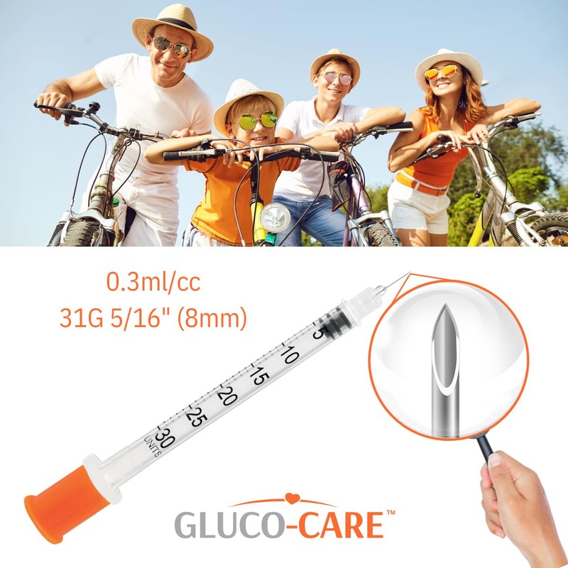 GLUCO-CARE 0.3 ml/cc Syringes 31G x 5/16’’ (8mm), Orange Cap,