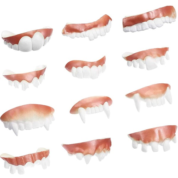 12 Pieces Gnarly Teeth Gag Teeth Vampire Denture Teeth Funny Joke Fake Teeth Halloween Demon Teeth Gnarly Teeth Gag Teeth Wacky Artificial Teeth Ugly Fake Teeth 12 Styles (Classic Style)