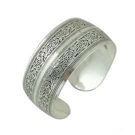 Tibeten Silver Carved Spiral Flower Connecting Branches Pattern Bracelets Vintage Ethnic Elephant Turtle Wide Grooved Open Cuff Bangle Bracelet Jewelry for Women-flower