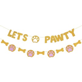 Lets Pawty Banner,2 Pack Dog Shiny Birthday Banner Party Decorations,Funny Puppy Birthday Party Favor Decoration Supplies and Gifts（Gold）