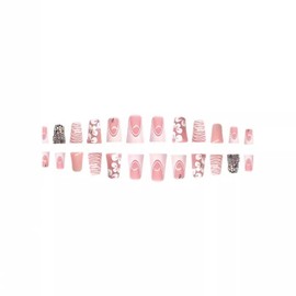 24 Pcs Duck Nail Tips Square Press on Nails Medium Length Fake Nails Light Pink French Nails RIICFDD Rhinestone Designs False Nails Flower Acrylic Nails Wide Duckbill Desigs for Women Girls