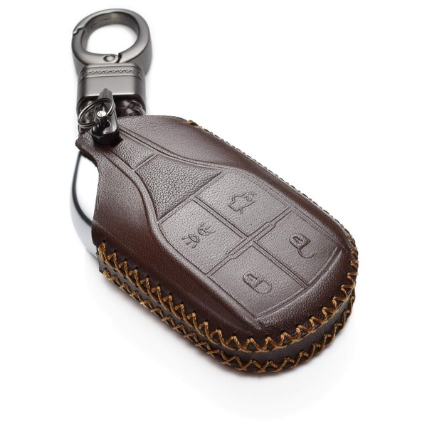 Vitodeco Genuine Leather Keyless Smart Key Fob Case Cover Compatible with Maserati Ghibli, Levante, Quattroporte (Light Button, Brown)