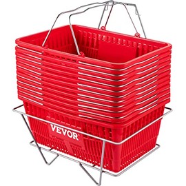 VEVOR Shopping Basket, Set of 12 Red, Durable PE Material with Handle and Stand, Basket Dimension 16.9"L x 11.8"W x 8.07"H and Used for Supermarket, Retail, Grocery-Holds 21 L/5.6 Gal of Merchandise