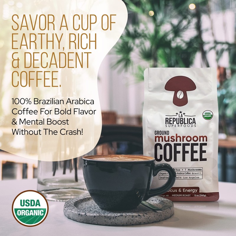La Republica Ground Mushroom Coffee, Organic Fair Trade Arabica with