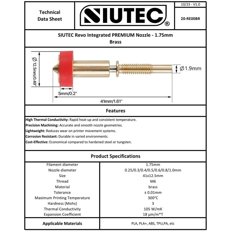 SIUTEC® Premium Revo Integrated Brass Nozzle/Brass Nozzle, 0.25-0.8 mm, for