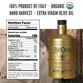 BioOrto Organic Italian "Peranzana" Grand Cru Extra Virgin Olive Oil (500ml/16.9oz) Monovarietal, First Cold Pressed EVOO from Puglia, Italy Non-GMO, Paleo, Vegan, and Keto
