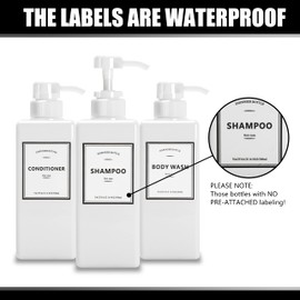 Shower Pump Dispenser with Labels, YACEYACE 16.9oz Set of 3 White Shampoo Dispenser Bottles, Empty Shower Bottles, Refillable with Labels Shampoo Conditioner, Body Wash Dispenser, Shampoo Dispenser