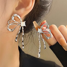 Inateannal Boho Bow Crystal Drop Earrings Bow Drop Dangle Earrings Silver Half Butterfly Stud Earrings Long Metal Bow Earrings Jewellery for Women and Girls, Alloy Steel Metal