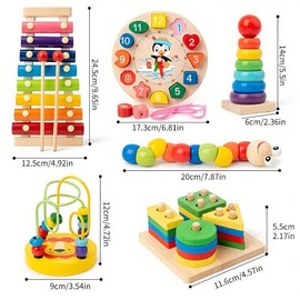 1 Set Wooden Montessori Toy, Colorful Stacking Blocks Towers & Eight-tone Glockenspiel & Colorful Twister & Twirls Tree & Beaded Clock, Teaching Supplies, Birthday Gift,Christmas Gift:_Pure White_6 in 1