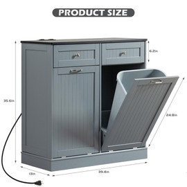 GAZHOME Double Tilt Out Trash Cabinet with Charging Station, Upgrade Wooden Trash Cabinet with Outlet,Recycling Cabinet with Hideaway Drawer,20 Gallon Tilt Out Trash Cabinet (Grey)