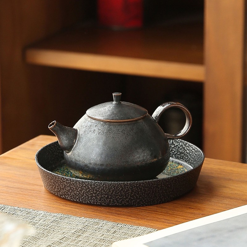 Small Tea Tray Complex Pattern Round Alloy Decorative Tea Serving