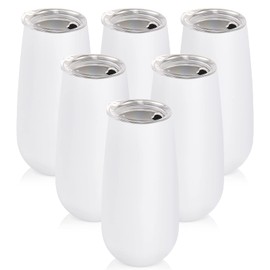 6 Pack Insulated Champagne Tumblers, Stemless 6 Oz Wine Flutes, Unbreakable Cocktail Cups With Lid, Gift for Family Friends Christmas Birthday Wedding (White)