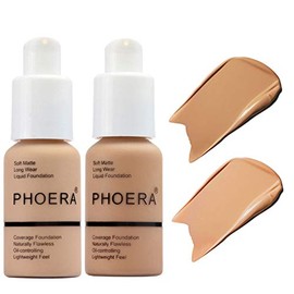 2Pack PHOERA Foundation Full Coverage Liquid Foundation Cream - Long-lasting Lightweight Concealer - Oil-Free Formula - Natural Shade - Suitable for All Skin Types (104 Buff Beige & 105 Sand)