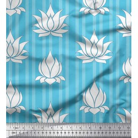 Soimoi Blue Cotton Voile Fabric Stripe & Artistic Lotus Floral Printed Fabric 1 metre 42 Inch Wide
