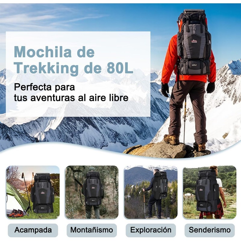 Mochila Senderismo 80L Impermeable para Hombre y Mujer