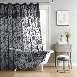 SD SDLIVING Black Lace Shower Curtain with Tassels,Luxury Floral Sheer Romantic Bath Curtains for The Bathroom,72" W x 72" H