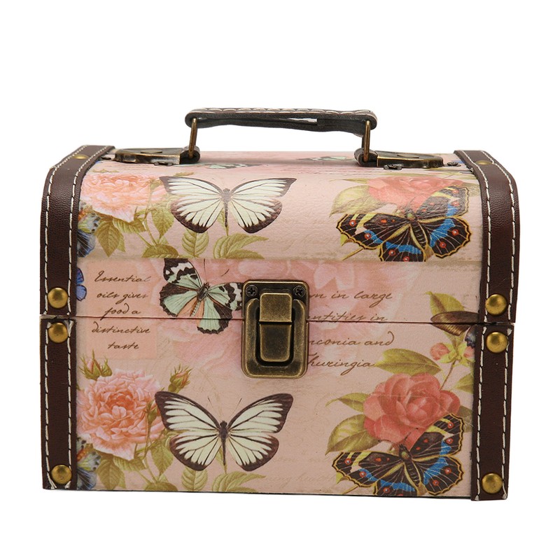 Treasure Chest Box Pink Butterfly Pattern Exquisite Retro Wooden PU