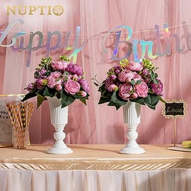 Nuptio 2 piezas de jarrones de flores de metal en forma de trompeta, elegante decoración para bodas, fiestas, 23,2 cm de alto, arreglos florales artificiales para ceremonias de aniversario, blanco