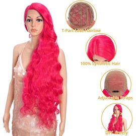 Style Icon Hot Pink Super Long Wave Lace Front Wig 40 Inches Long Body Wave Wig for Women Curly Synthetic Side Part Lace Front Wig Pre Plucked Heat Resistant Fiber