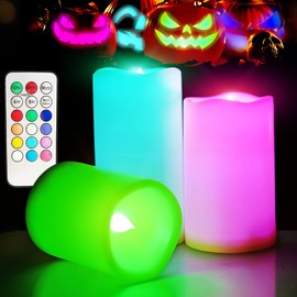 SWEETIME Multi Color Changing Flameless Candles with Timer, Led Outdoor Waterproof Candles, Battery Operated Candles with Flickering Flame for Christmas(4" 5" 6" Set of 3 Ivory).