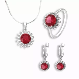 Dtup Collar, Anillo Y Aretes Rojo Rubí Oro Blanco Plata Elegante