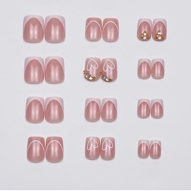 French Tip False Nails - Short Square Press on Nails, White Heart French Manicure Stick on Nails - Full Cover Wedding Fake Nails for Women - Nail Art