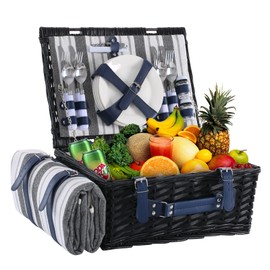 HYBDAMAI Wicker Picnic Basket for 4 with Waterproof Picnic Blanket and Insulated Cooler, Willow Hamper for Camping, Outdoors, Photoshoot, or a Birthday, Mother's Day, Wedding Gift, Black