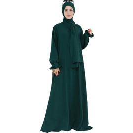 khalat Women Muslim Prayer Abaya Islamic Modest Dress with Hijab Scarf Lace Sleeves Flowing Abaya Dress, dark green, One size fits all