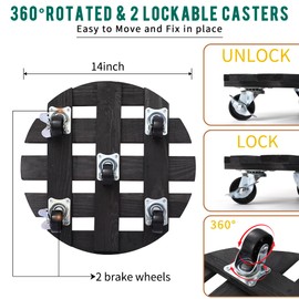 ZXZYHFTY Round Wooden Plant Stand with Wheels, 2 Packs Rolling Plant Stand with 360°Lockable Wheels for Vertical Garden Towers, Vertical Planting Tanks, Plant Pots, Wastebaskets (Black, 14")