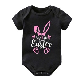 My 1st Easter Clothes Infant Baby Easter Outfit Short Sleeve Letters Print Cotton Rompers Bodysuit Newborn One-piece (3-6M, PBK)